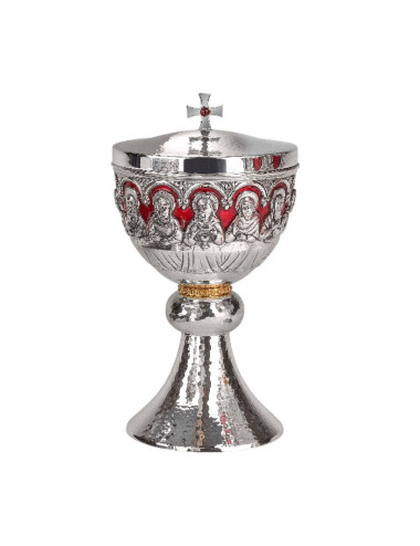 Romanesque style Ciboria made in brass and enamel with Last Supper relief