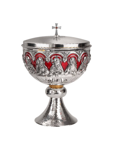 Romanesque style Ciboria with great capacity made in brass and enamel with Last Supper relief