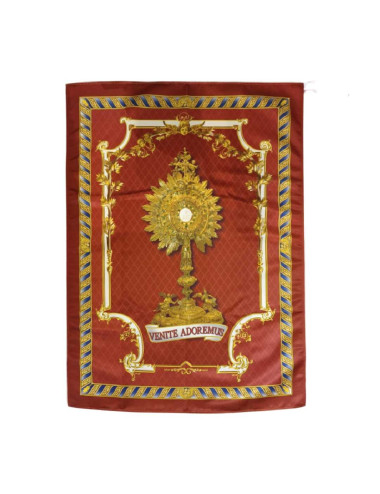 Red Corpus Chirti printed tapetry to hang on the balcony with monstrance