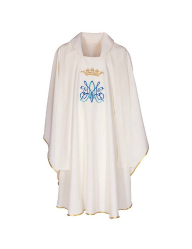 White chasuble with Mary's embroidery in blue and golden thread