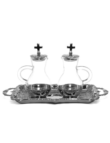 Cruet set made in glass and silver plated brass with floral decoration