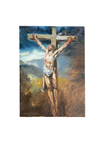 Lienzo pintado a mano al óleo con la imagen de Cristo Crucificado
