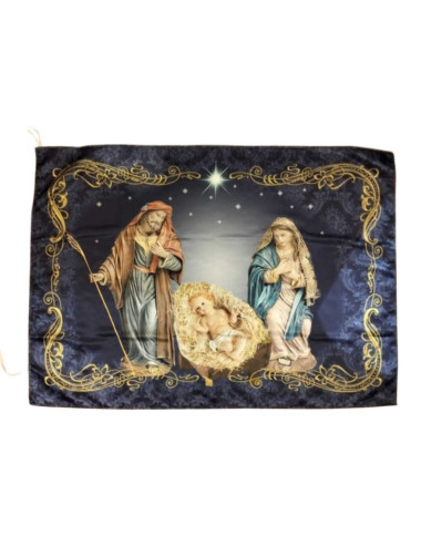 Blue Holy Family printed tapetry to hang on the balcony