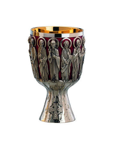 Chalice and bowl Paten Contemporary style embossed Christ and Apostles