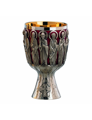 Cáliz y Patena cuenco estilo Contemporáneo Cristo y Apóstoles repujados