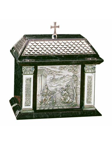 Sagrario de metal y mármol con imagen de la Anunciación