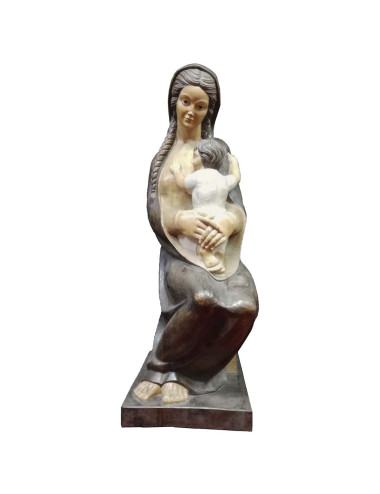 Virgin sitting with child image made in wood carving