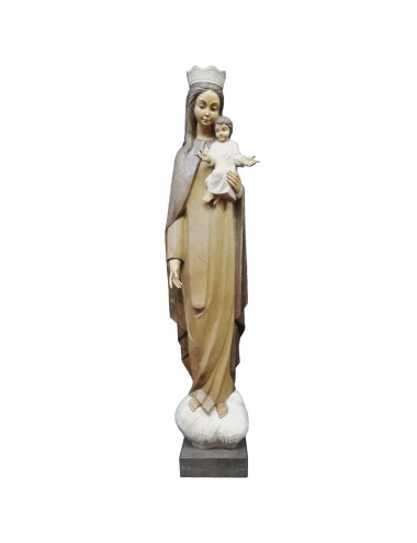 Virgen coronada con el Niño en brazos en talla de madera